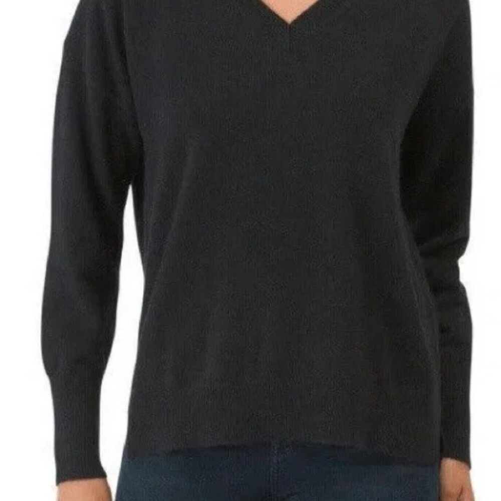 NWT Tahari 100% 2-ply Cashmere Drop Shoulder V-neck Black Sweater XS S